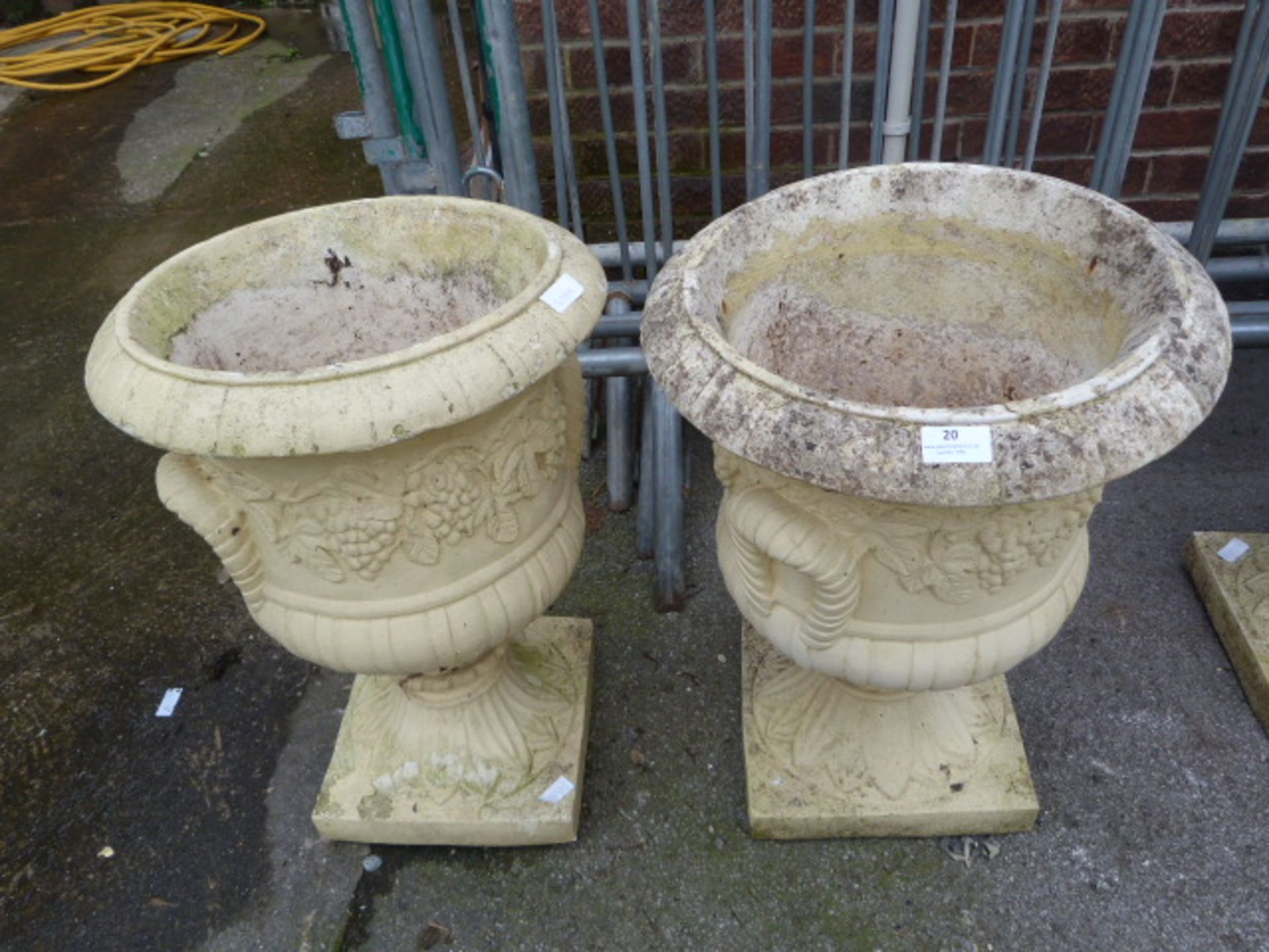 Pair of Concrete Garden Urns with Grape Vine Decor