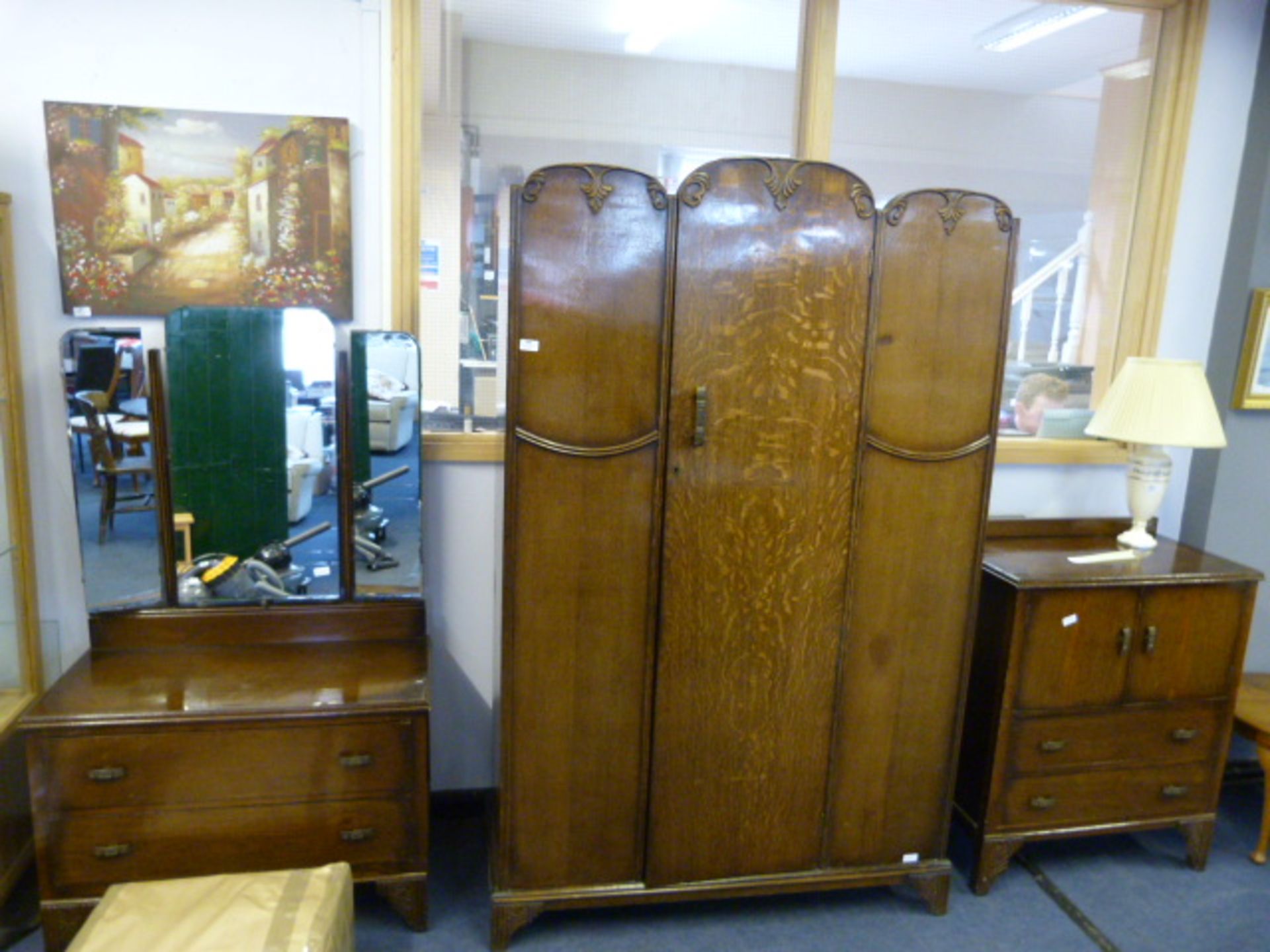 1930's Oak Three Piece Bedroom Suite; Tallboy, Dre