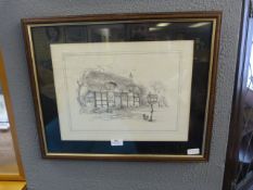 Framed Pencil Drawing - Country Cottage signed Gle