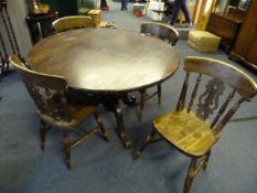 Stained Pine Circular Dining Table and Four Chair