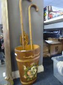 Floral Painted Stick Stand and Two Walking Sticks