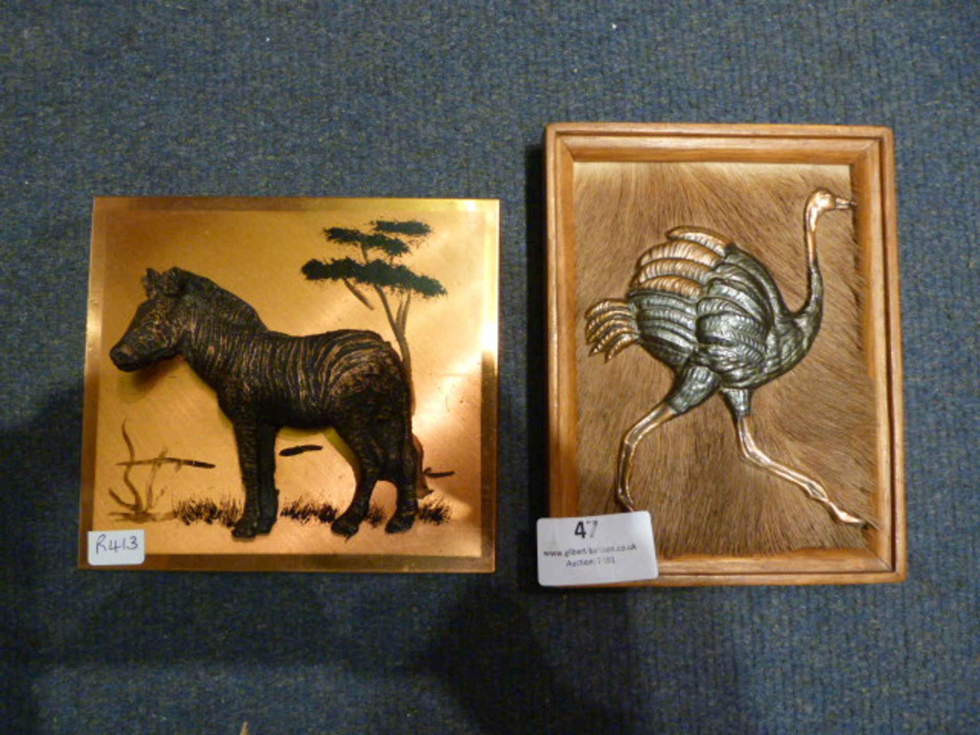 Two Copper Wall Plaques - Zebra and Ostrich