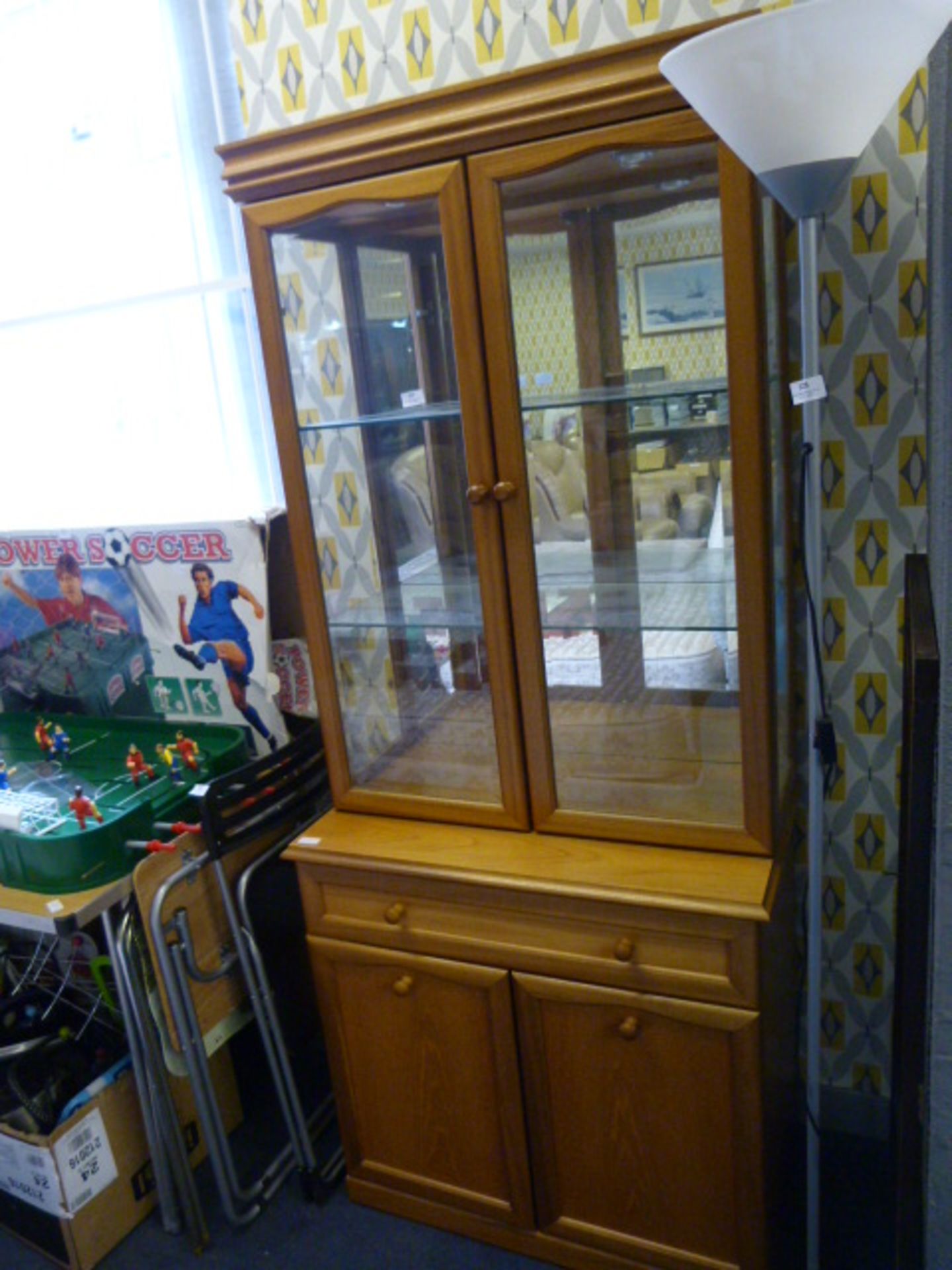 Walnut Effect Wall Unit with Glass Selves and Mirr