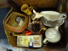 Box Containing Pottery, Teapot, Jugs, Wooden Tray,