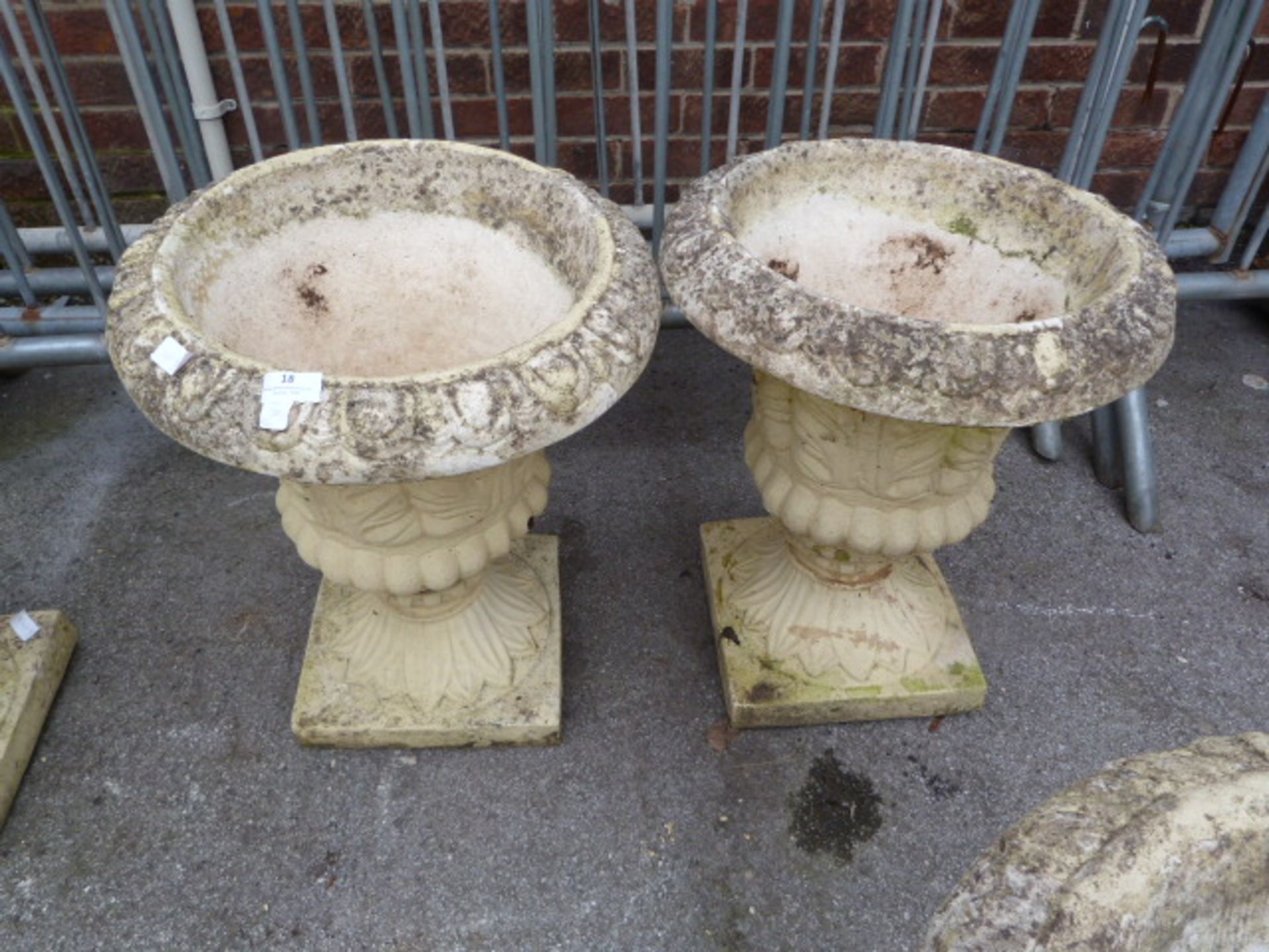 Pair of Concrete Garden Urns with Leaf Decoration
