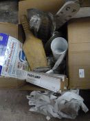 *Box of Assorted White Aprons, Lights, Containers,