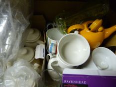 *Box of Assorted Ceramic Mugs, Orange Teapots and