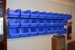 *Wall Mounted Storage Rack and 25 Blue Plastic Sto