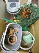 Two Boxes Containing Flower Pots, Watering Cans, G