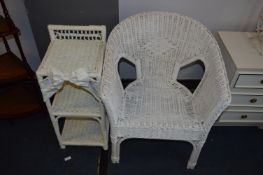 White Painted Wicker Armchair and Three Teir Shelf