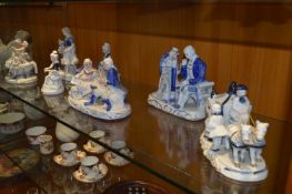 Collection of Seven Blue & White Pottery Figurines