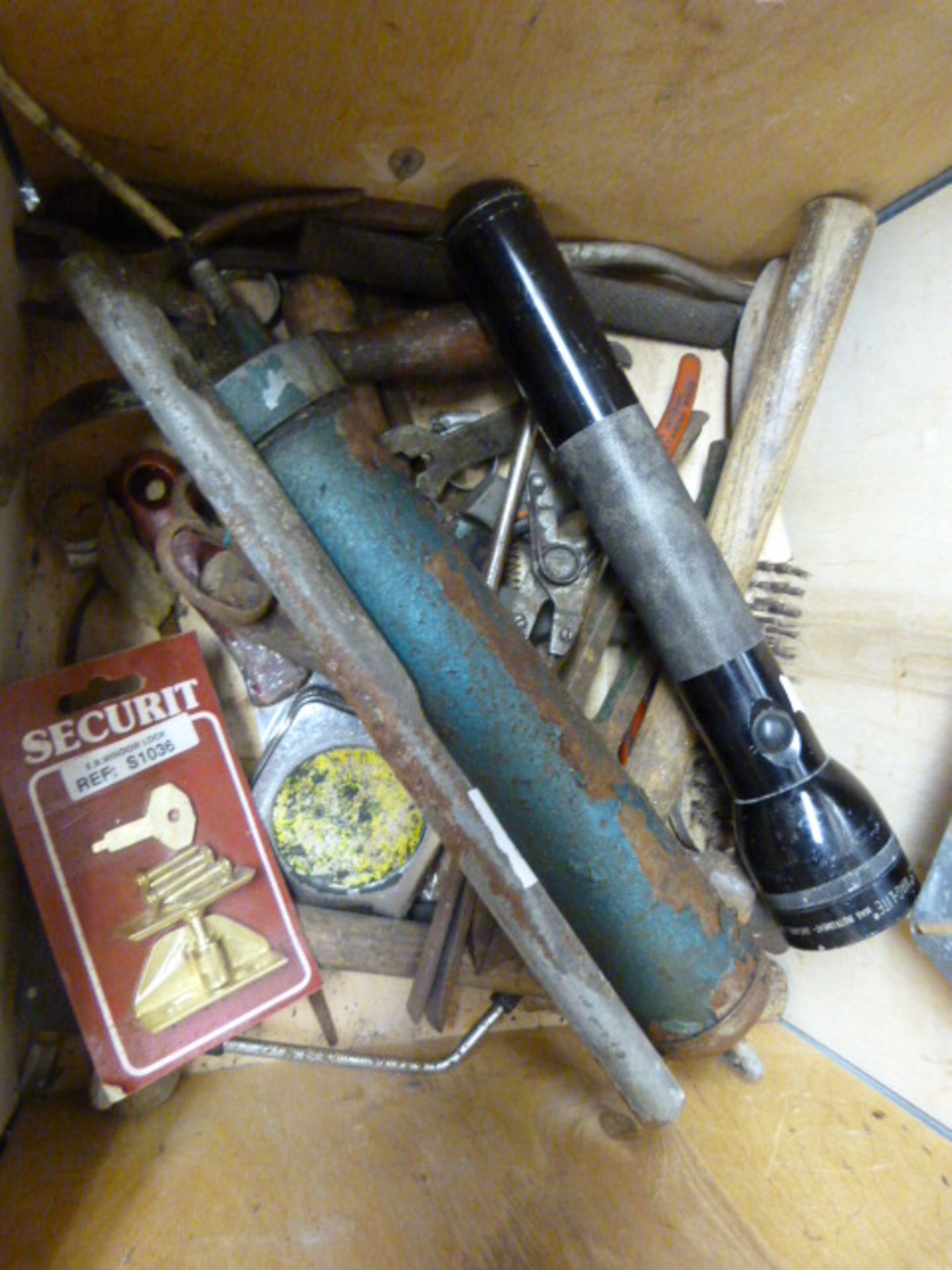 Box Containing Large Maglights, Tools; Metal Snips