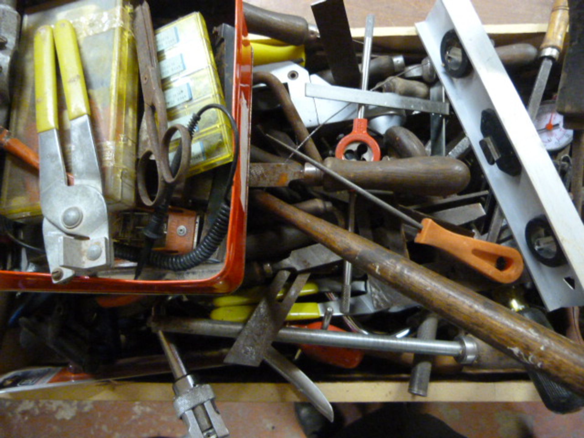 Large Box of Hand Tools Including Files, Foot Pump