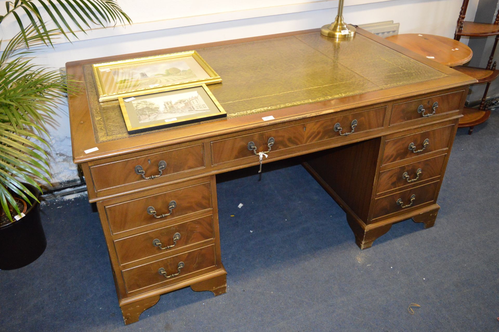 Twin Pedestal Desk with Green Leather Inlet Top