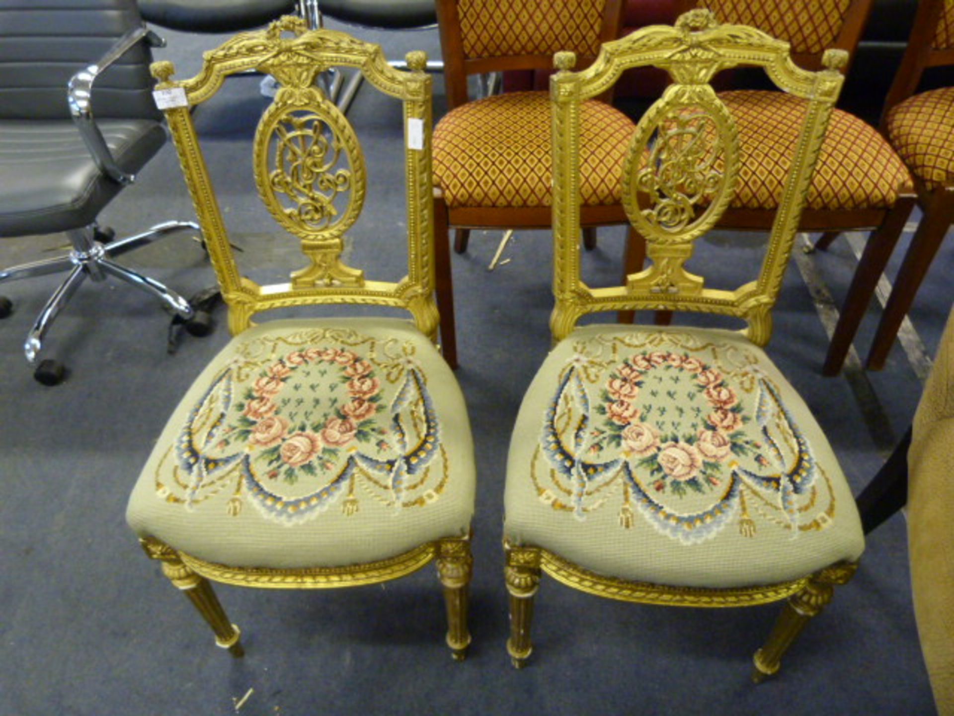 Pair of Decorative Gold Painted and Tapestry Seated Bedroom Chairs