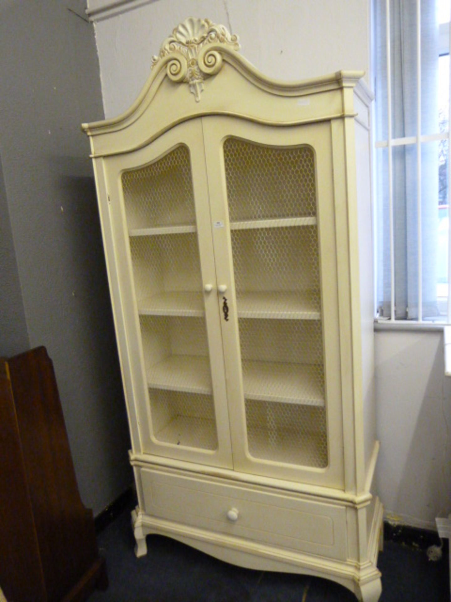 Cream Painted Decorative Display Cabinet with Wire Mesh Doors