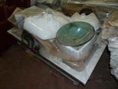 Pallet Containing Contemporary Glass & Porcelain Wash Hand Basins, Acrylic Bath, etc.