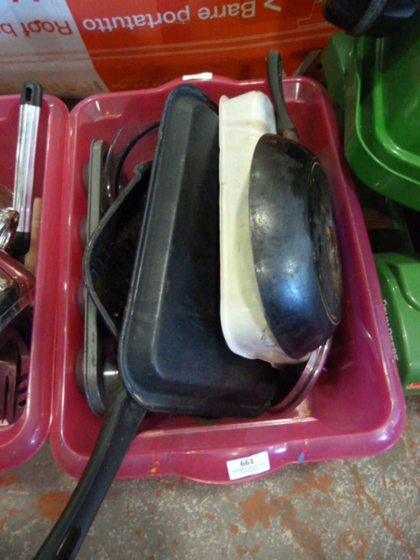 Box of Frying Pans, Glass Bowls, etc.