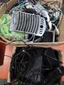 Two Boxes of Computer Wiring, Speakers, CD Rack, e