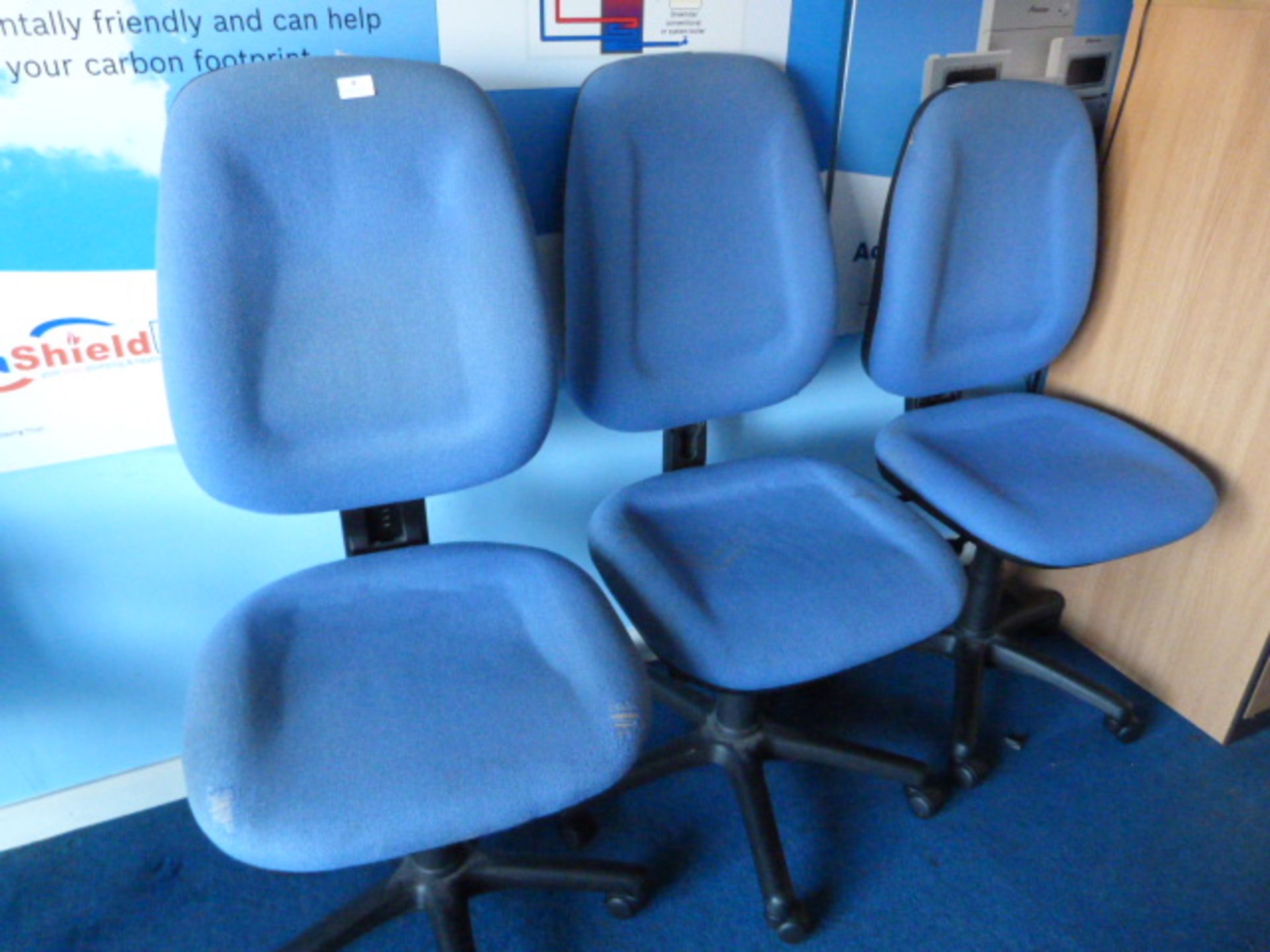 *Three Blue Upholstered Office Chairs