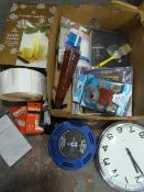 Box of Sundries Including a Clock, Extension Leads