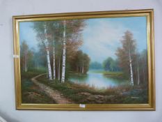 Gilt Framed Oil on Canvas - Woodland Lake Scene Si