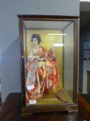 Porcelain Headed Japanese Geisha Girl Doll in Oak