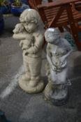 Two Concrete Garden Figurines - Boy with Dog and W