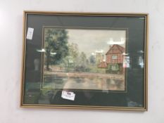 Framed Watercolour - Village Pond Signed M.W. Smit