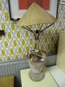 Carved Wood and Cane Table Lamp with Shade