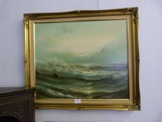 Gilt Framed Oil on Canvas - Coastal Scene Signed R