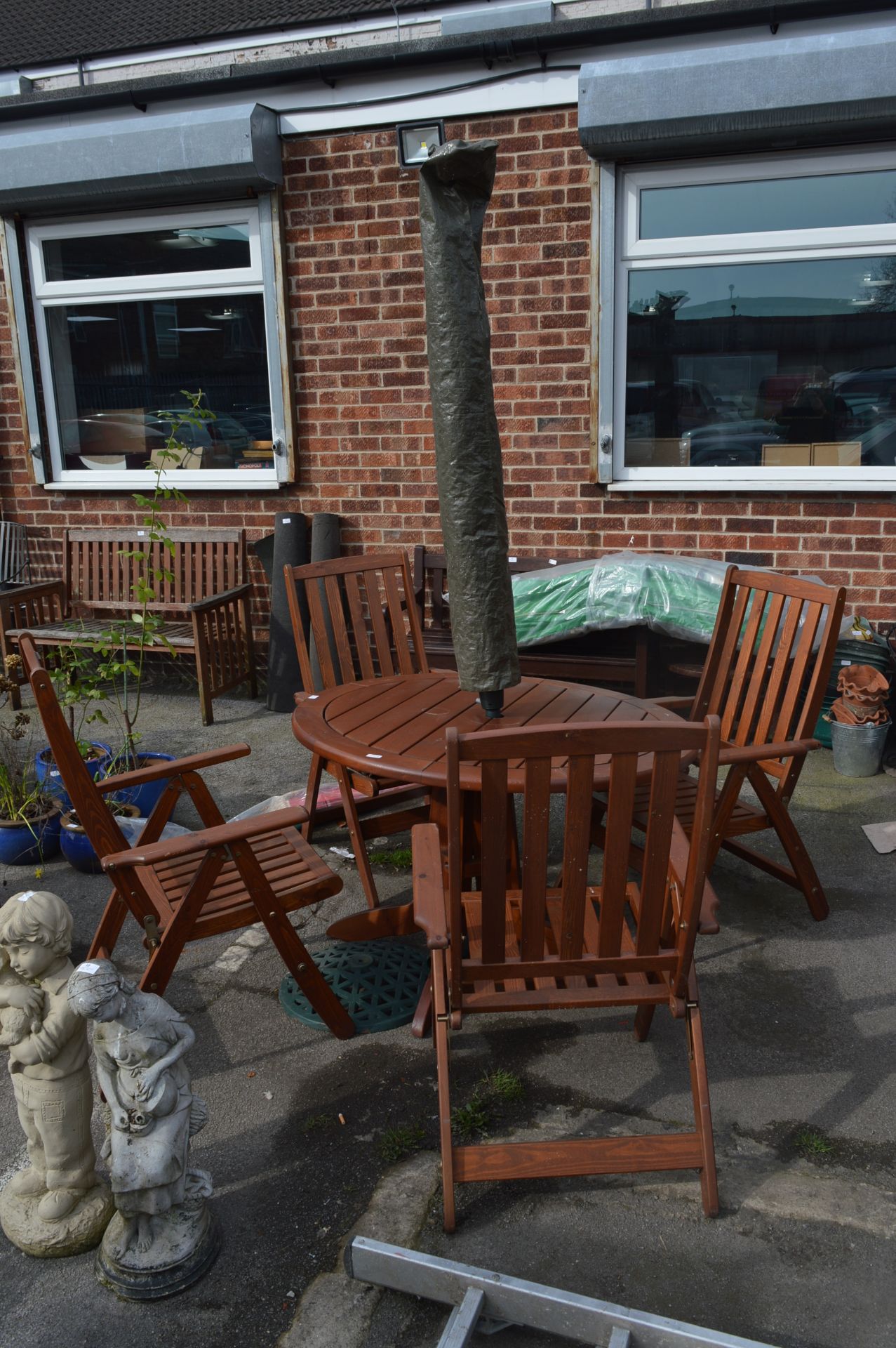 Stained Pine Circular Garden Table with Four Foldi