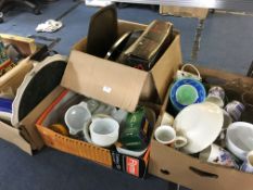 Four Boxes of Kitchenware; Mugs, Cookware, Trays,