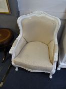 White Painted Carved Wood Armchair with Upholstere