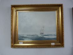 Gilt Framed Oil on Canvas - Sailing Ship at Sea Si