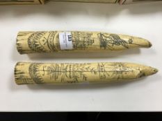 Pair of Reproduction Scrimshaw Tusks