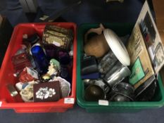 Two Plastic Boxes of Ornaments, Glassware, Vases,