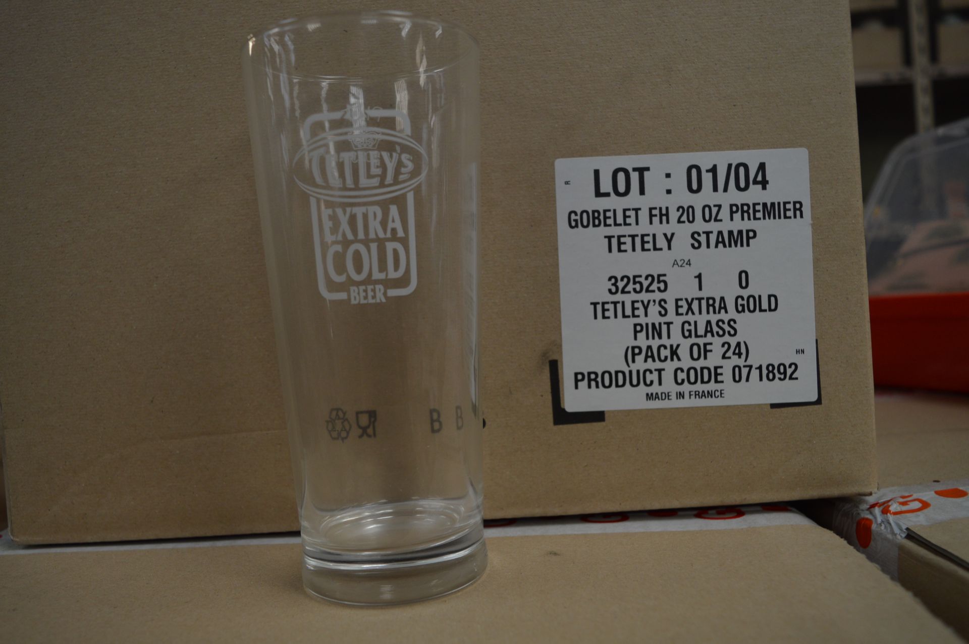 Three Boxes Containing 24 Tetley's Extra Gold Branded Glasses