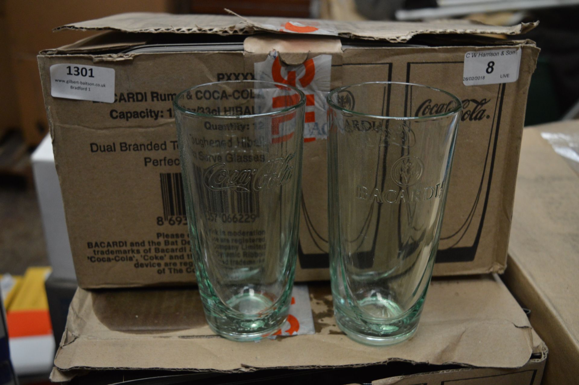 Box Containing 12 Bacardi & Coca-Cola Branded Glasses