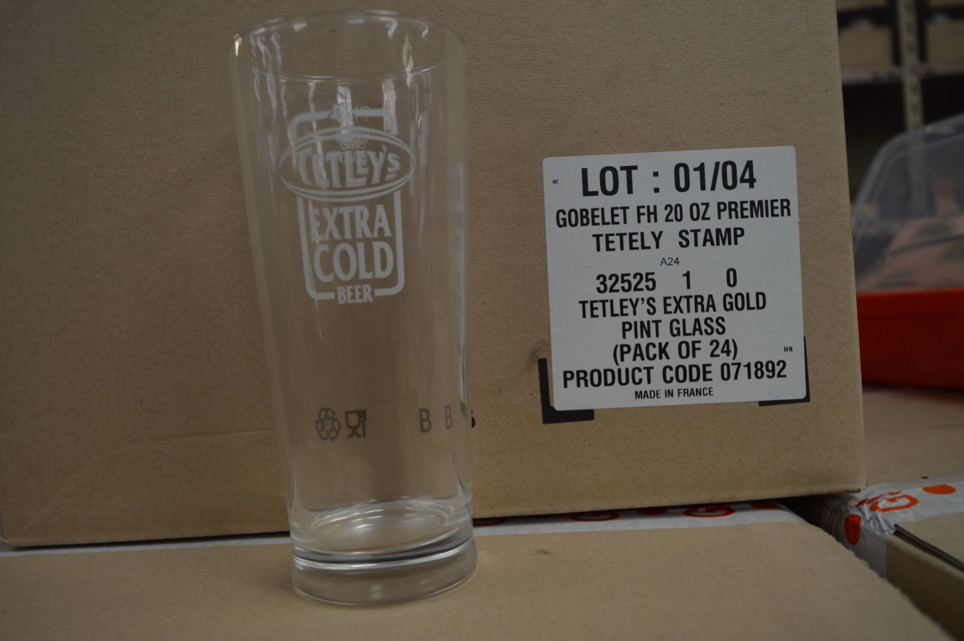 Three Boxes Containing 24 Tetley's Extra Gold Branded Glasses