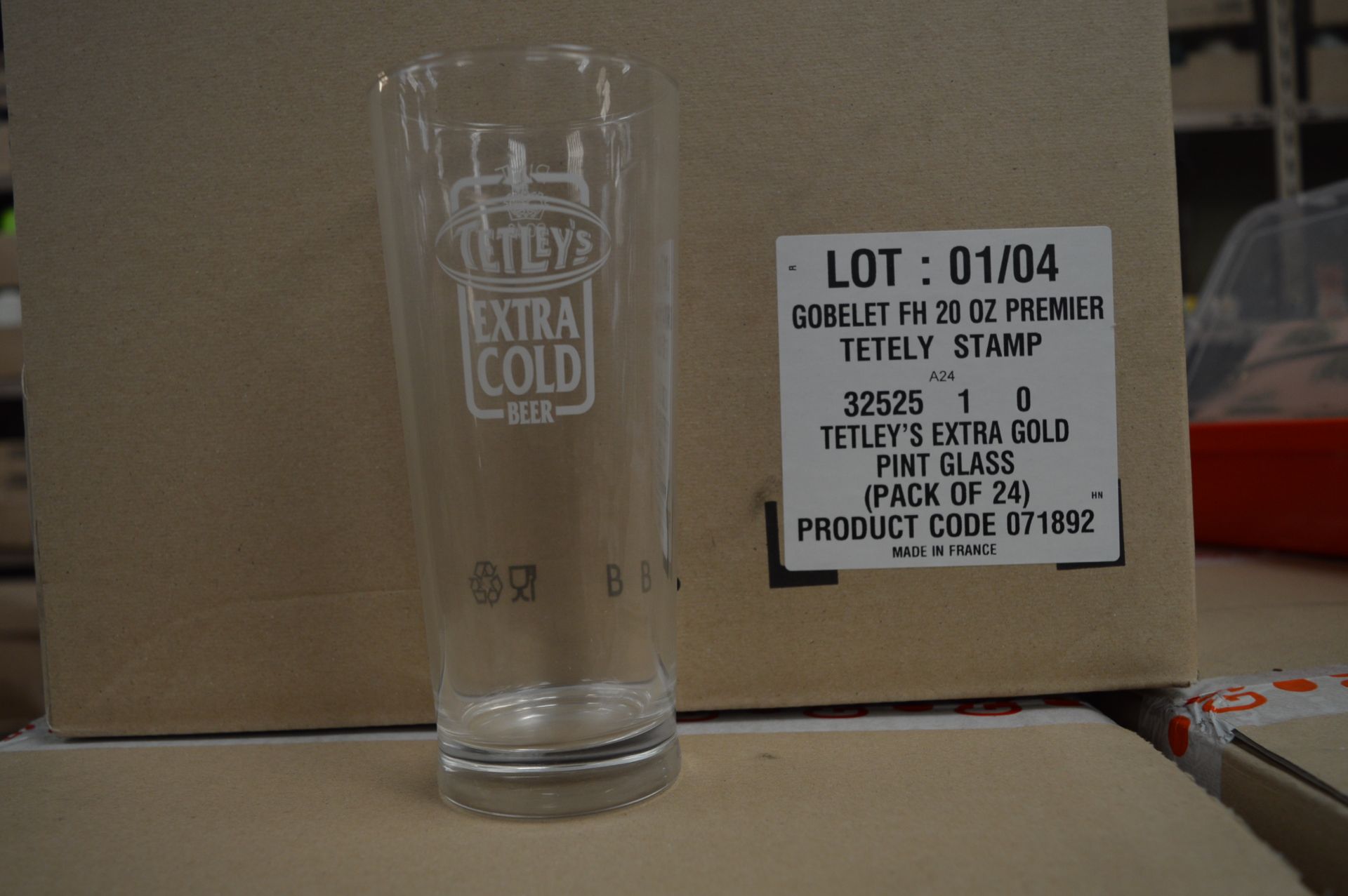 Three Boxes Containing 24 Tetley's Extra Gold Branded Glasses