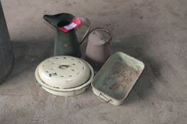 Three Pieces of Enamel Ware and a Lidded Container