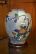 Japanese Floral Decorated Pottery Vase on Stand