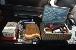 Sewing Basket and a Tray Lot of Costume Jewellery,