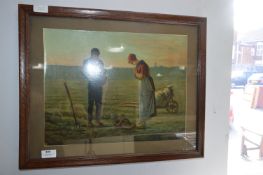 Oak Framed Victorian Oilograph - Farming Scene