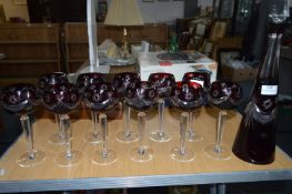 Ruby Cut Glass Decanter and Eleven Glasses