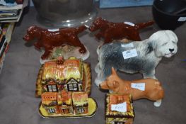 Pottery Dog Figurines, Cottage Butter Dis and Cond