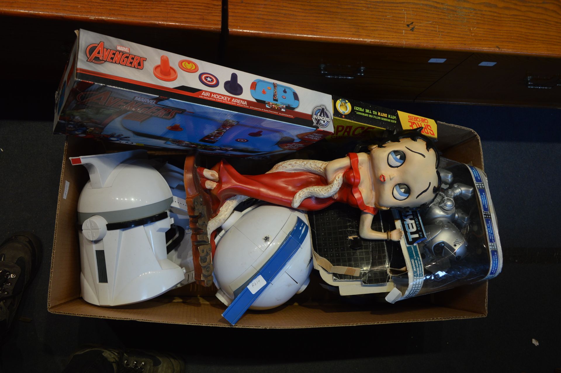 Large Box of Toys, Star Wars Helmets, Avengers Air