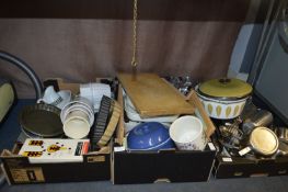 Three Boxes of Kitchen Items, Ovenware, Pans, Stai