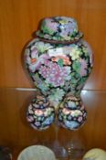 Chinese Floral Decorated Lidded Vase and Two Ginge